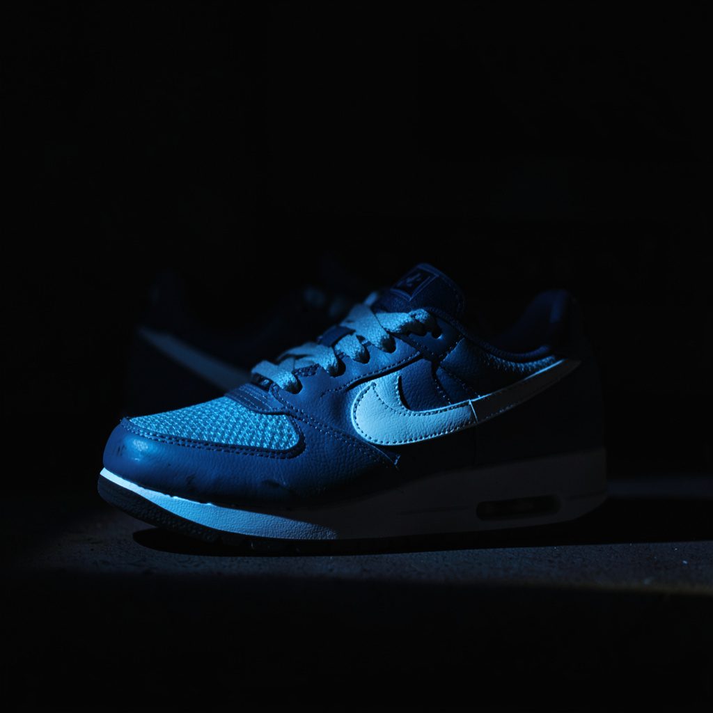 Schaduwrijke close-up van een Nike Air Max 95 sneaker in donkere grijze en zwarte tinten