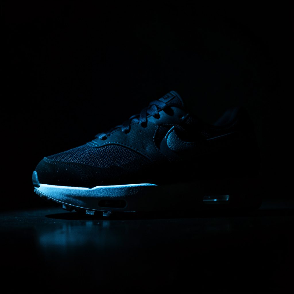 Nike Air Max sneaker in donkergrijs met zwarte accenten, laag standpunt met dramatische schaduw
